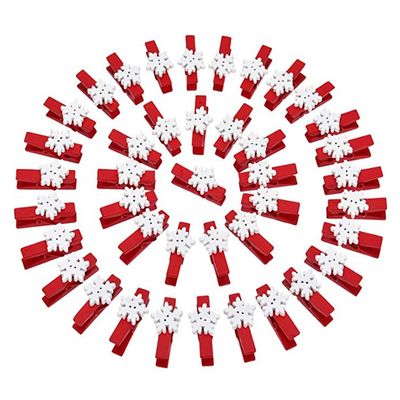 50pcs Mini Clothes Pins for Photo Holder Christmas Pins Wooden Small Clothespins for Picture Hanger Display Clips with String (Red Snow, 50 Pcs)