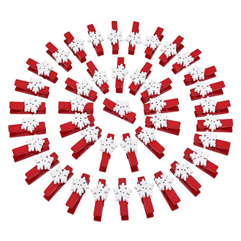 50pcs Mini Clothes Pins for Photo Holder Christmas Pins Wooden Small Clothespins for Picture Hanger Display Clips with String (Red Snow, 50 Pcs)