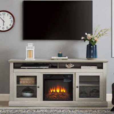Farmhouse Classic Media TV Stand Antique Entertainment Console for TV up to 70-50" with Open and Closed Storage Space (Stone Gray, 60inch TV Stand/w 18inch Fireplace)