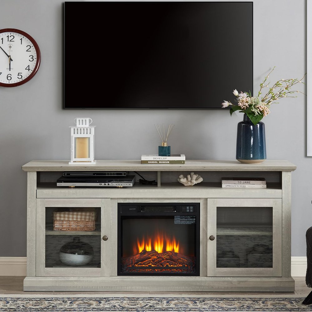 Farmhouse Classic Media TV Stand Antique Entertainment Console for TV up to 70-50" with Open and Closed Storage Space (Stone Gray, 60inch TV Stand/w 18inch Fireplace)