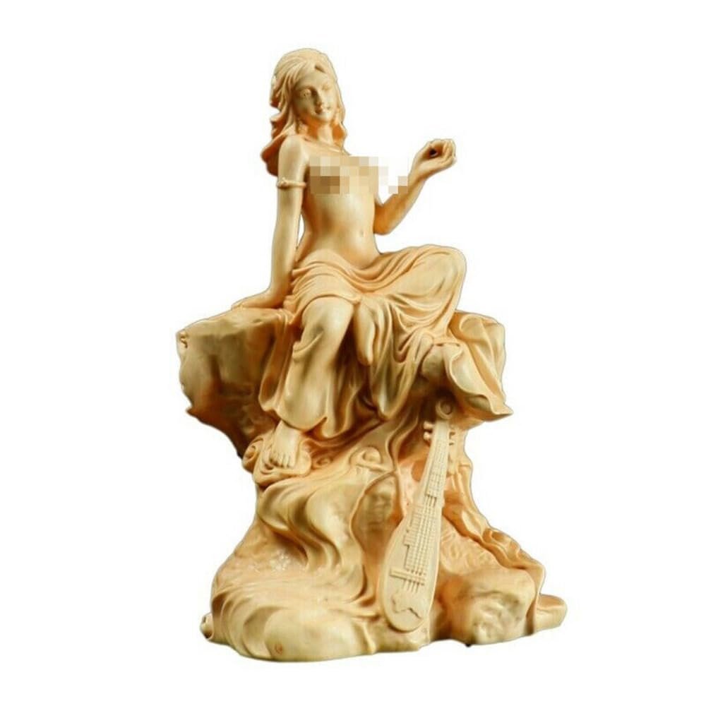 YTDJJWLS 5" Devi Sculpture Decor Boxwood Carved Saraswati Statue Hindu Goddess