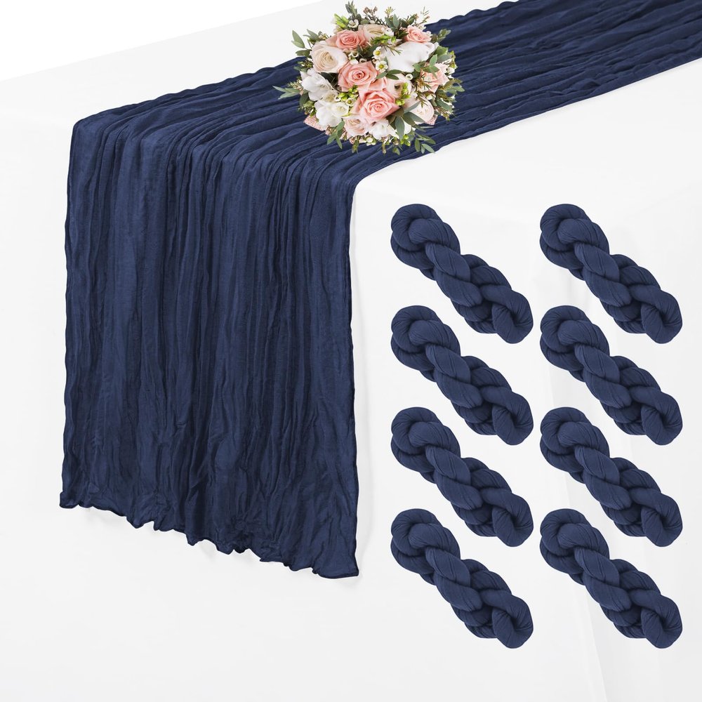 8 Pack Cheesecloth Table Runner 35 x 70 inch Long Boho Cheese Cloth Gauze Table Runners Semi Sheer 6FT Table Runner for Wedding Decor, Bridal Shower, Birthday Party, Table Decor (Navy Blue)