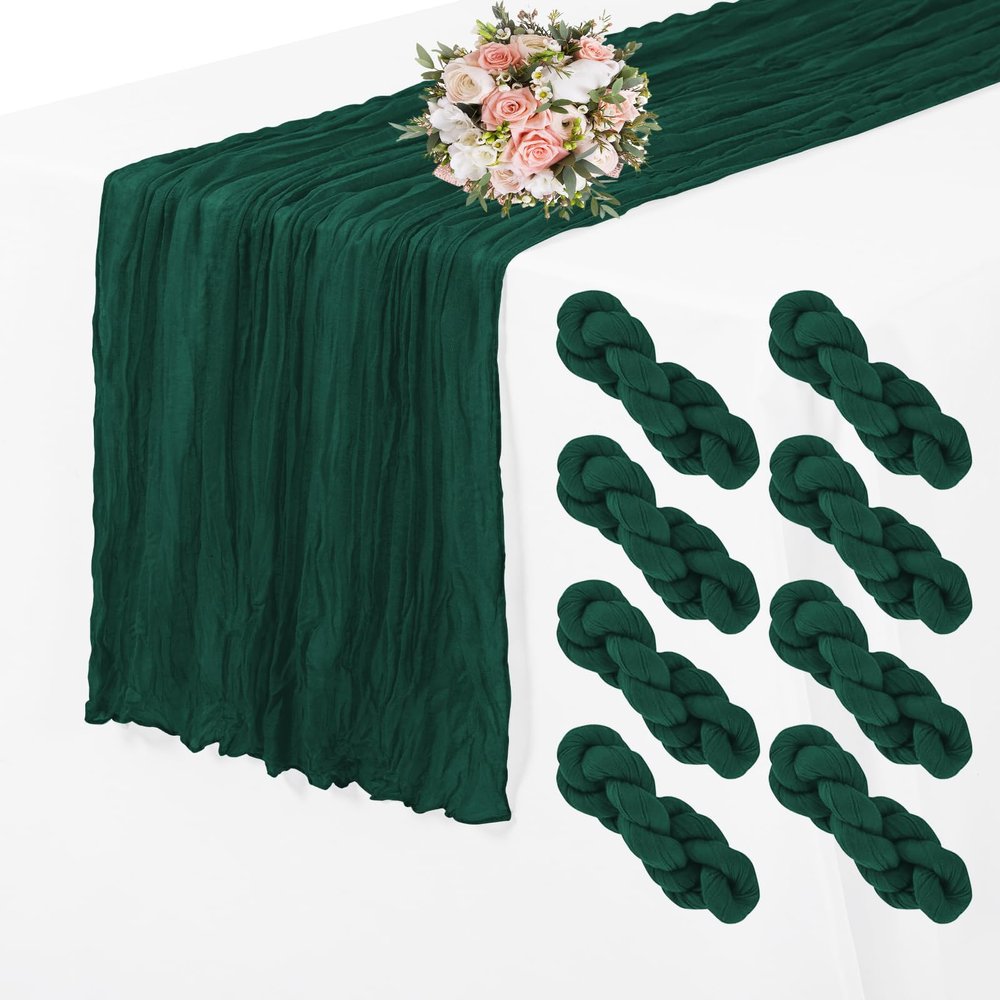 8 Pack Cheesecloth Table Runner 35 x 70 inch Long Boho Cheese Cloth Gauze Table Runners Semi Sheer 6FT Table Runner for Wedding Decor, Bridal Shower, Birthday Party, Table Decor (Emerald Green)