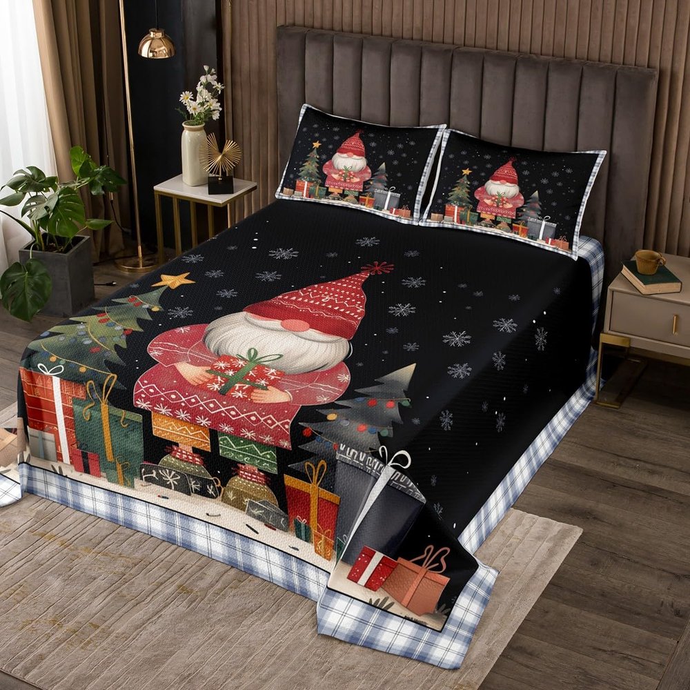 3 Piece Christmas Gnomes Quilt Bedding Set Women Aldult Lightweight Bedding Xmas Theme Bedspread Set Santa Claus Snowflake Bedspread Coverlet Soft Microfiber Home Quilt Set for King Bed All Season
