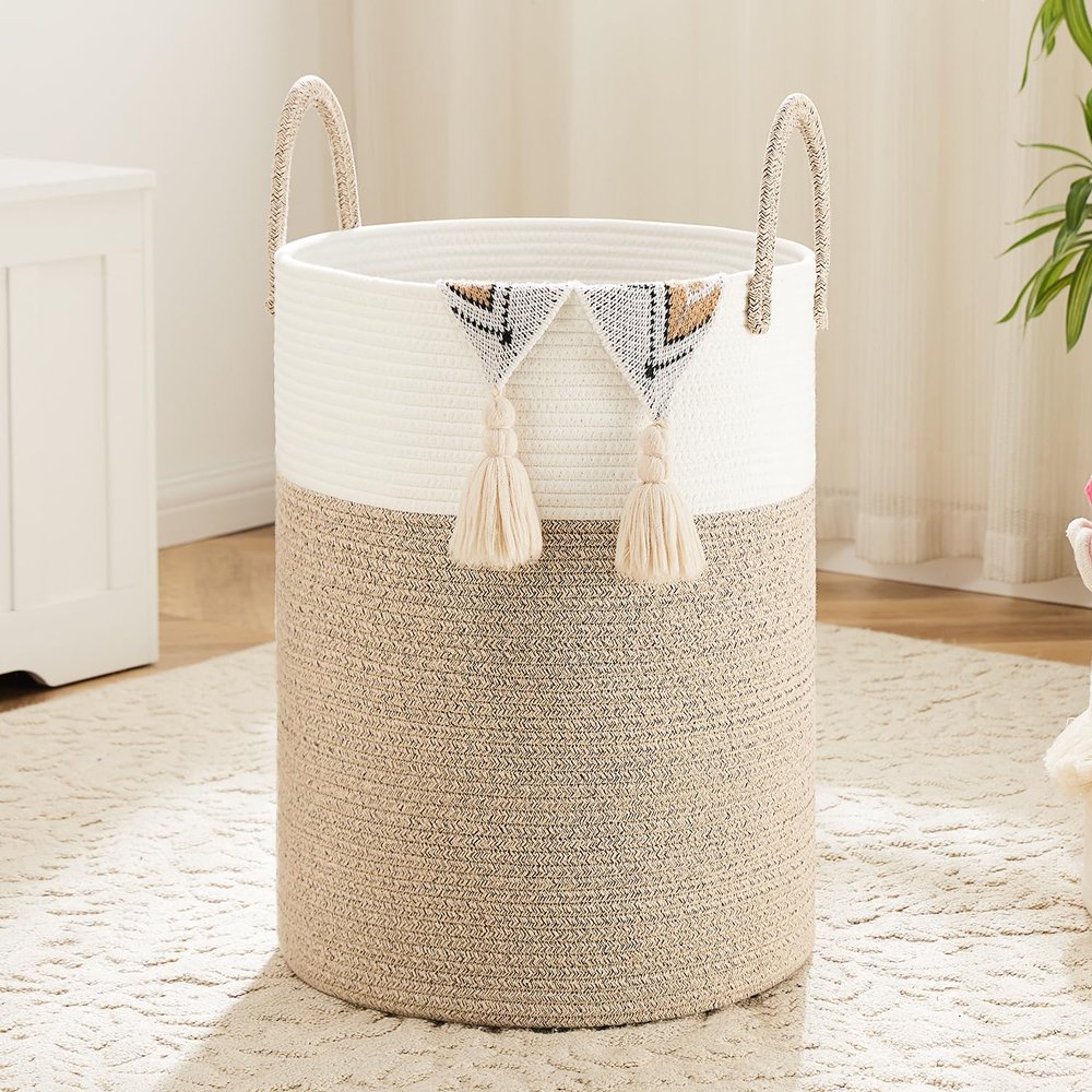Artfeel Laundry Basket,Woven Cotton Rope Laundry Hamper,100L for Decorative Storage of Dirty Clothes,Toys and Blankets in Bathroom,Baby Room and Living Room