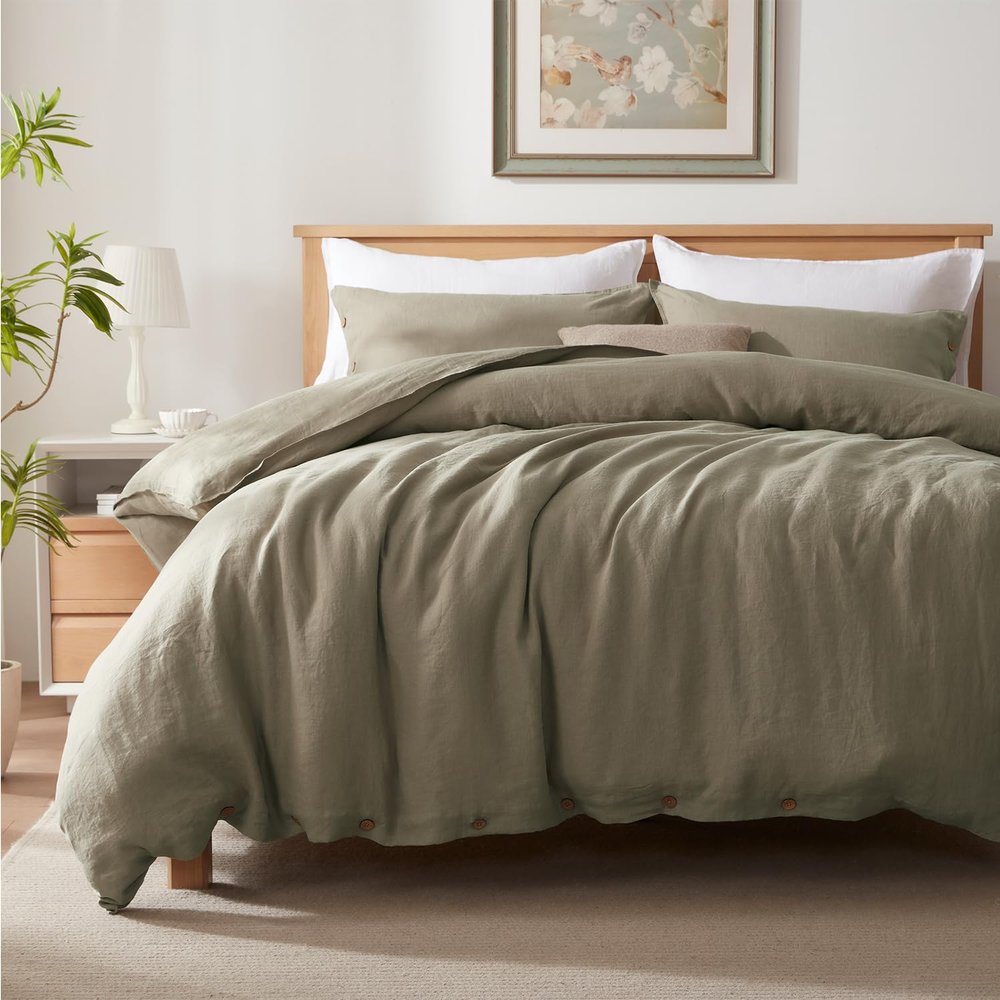 TOSMO 100% Linen Duvet Cover Set with Button Closure, 2 Pieces (1 Duvet Cover with 1 Pillowcase), Soft Breathable Durable Farmhouse Bedding - Twin, Taupe