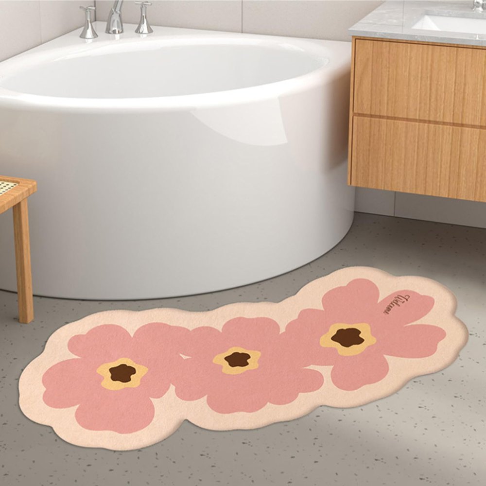 UVCMDUI Quadrant Curved Shower Mat, Flower Curved Bath Mat Non Slip, Super Absorbent Corner Shower Mat Outside Shower, Curved Bathroom Carpet Rugs for Home Hotel,Pink,40X80cm