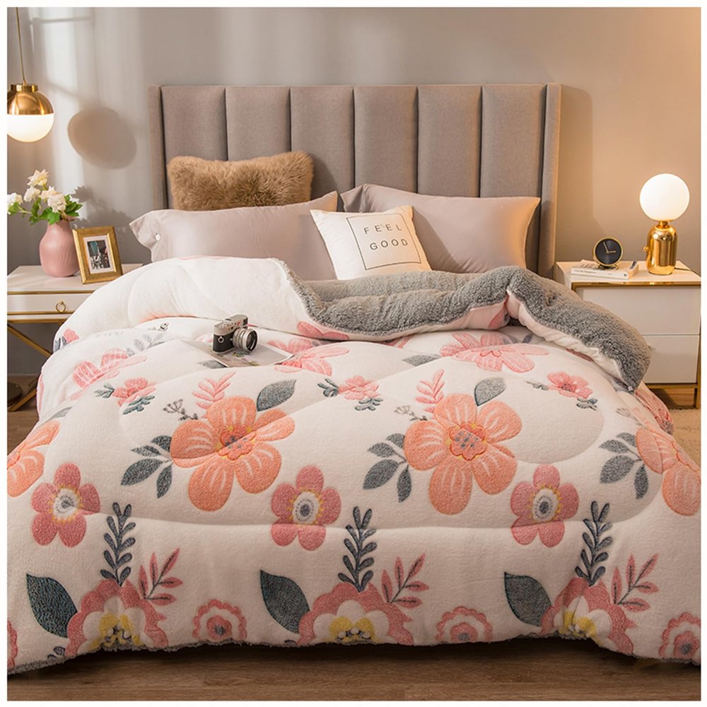 ZTGL Double Sided Lamb Fleece Quilt, Thickened Milk Velvet Blanket, Super Warm Fluffy Milk Velvet Quiltkern, Autumn and Winter Super Warm Comforter Core,Flower g,200x230cm(3.0kg)