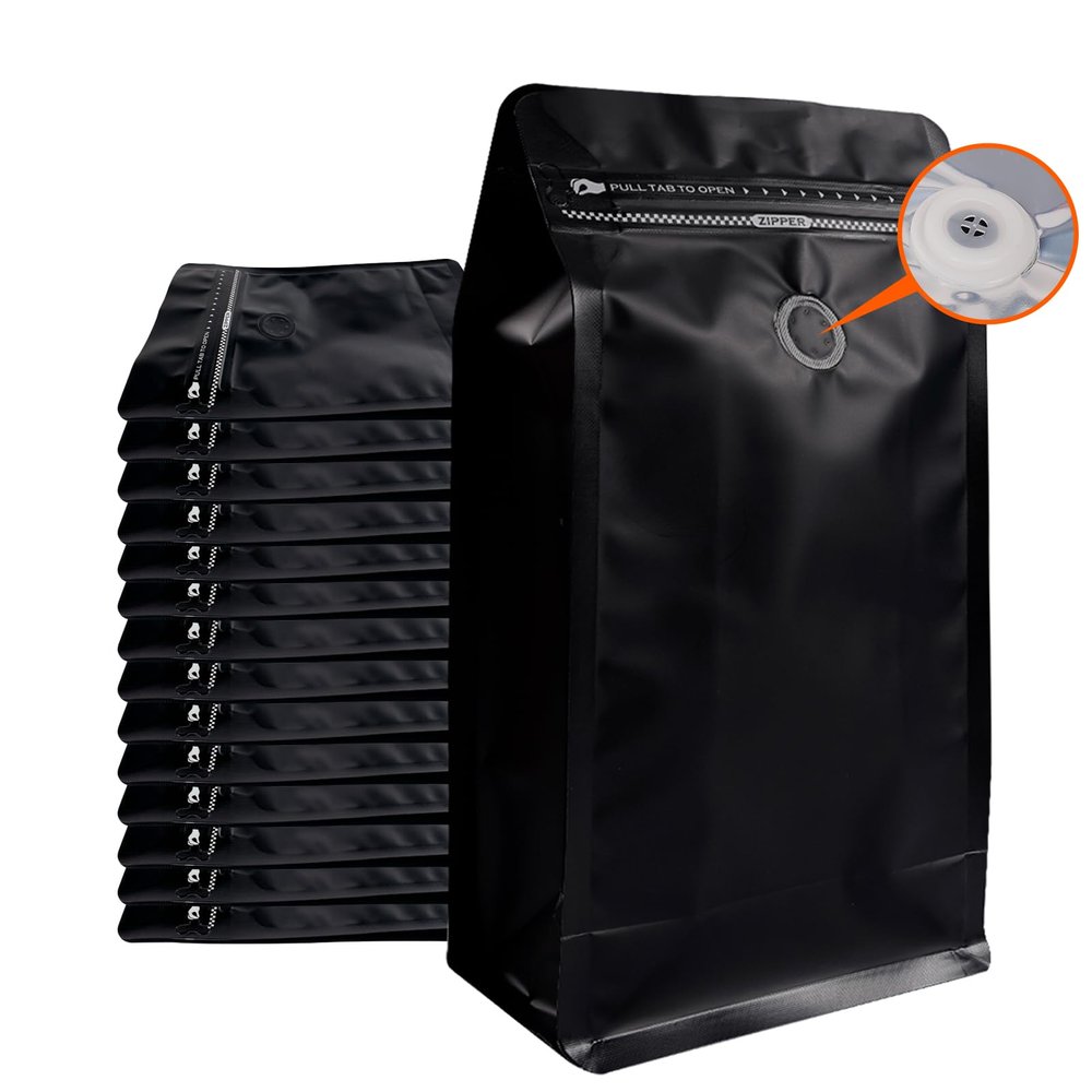 Coffee Bags with Valve (50 PCS,16oz/1lb) Black High Barrier Aluminum Foil Flat Bottom Standing Coffee Beans Storage Packaging Bags, Reusable Heat Seal Side Zipper Pouches for Small Business and Home