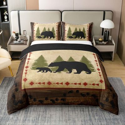 Bear 100% Cotton Duvet Cover Full Rustic Farmhouse Bear Wildlife Comforter Cover Wild Bear Bedding Set Country Cabin Lodge Decor Quilt Cover Nature Woodland Bear Paw Print Bed Cover Brown Green 3Pcs
