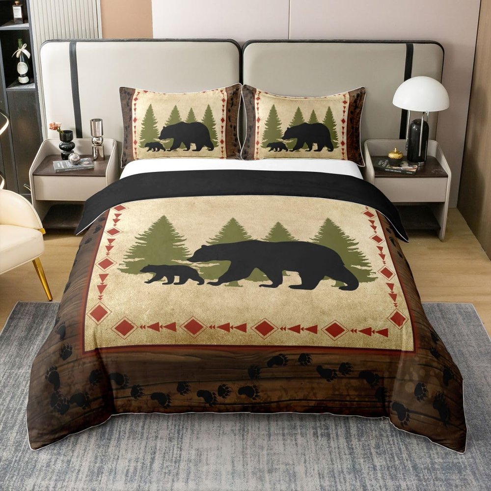 Bear 100% Cotton Duvet Cover Full Rustic Farmhouse Bear Wildlife Comforter Cover Wild Bear Bedding Set Country Cabin Lodge Decor Quilt Cover Nature Woodland Bear Paw Print Bed Cover Brown Green 3Pcs