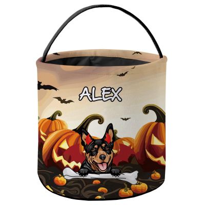 KafePross Personalized Halloween Trick or Treat Bag Smiling Brown Papillon Dog Halloween Ghost Pumpkin Decor Basket Candy Gifts Bucket 9 x 9.8 Inch