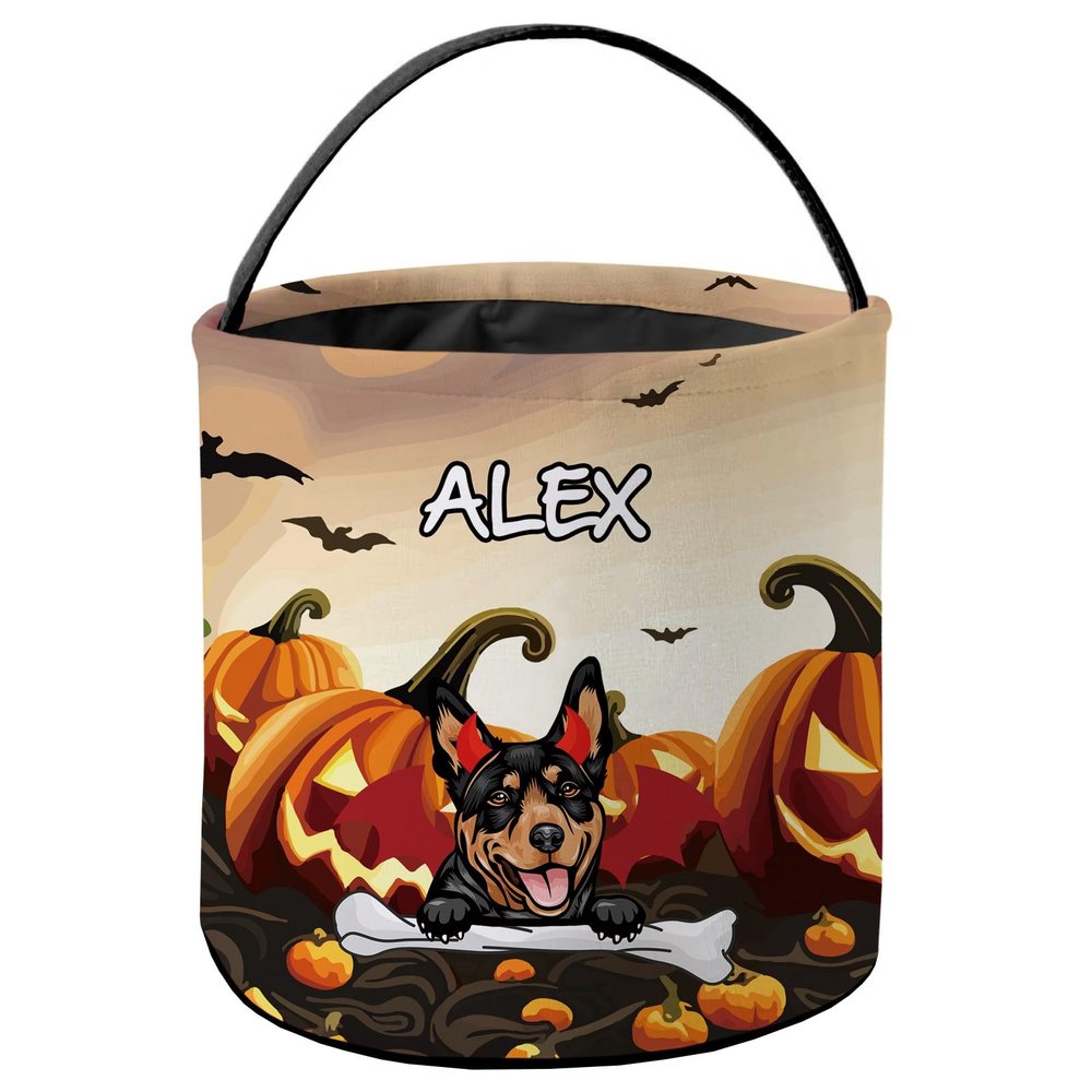 KafePross Personalized Halloween Trick or Treat Bag Smiling Brown Papillon Dog Halloween Ghost Pumpkin Decor Basket Candy Gifts Bucket 9 x 9.8 Inch