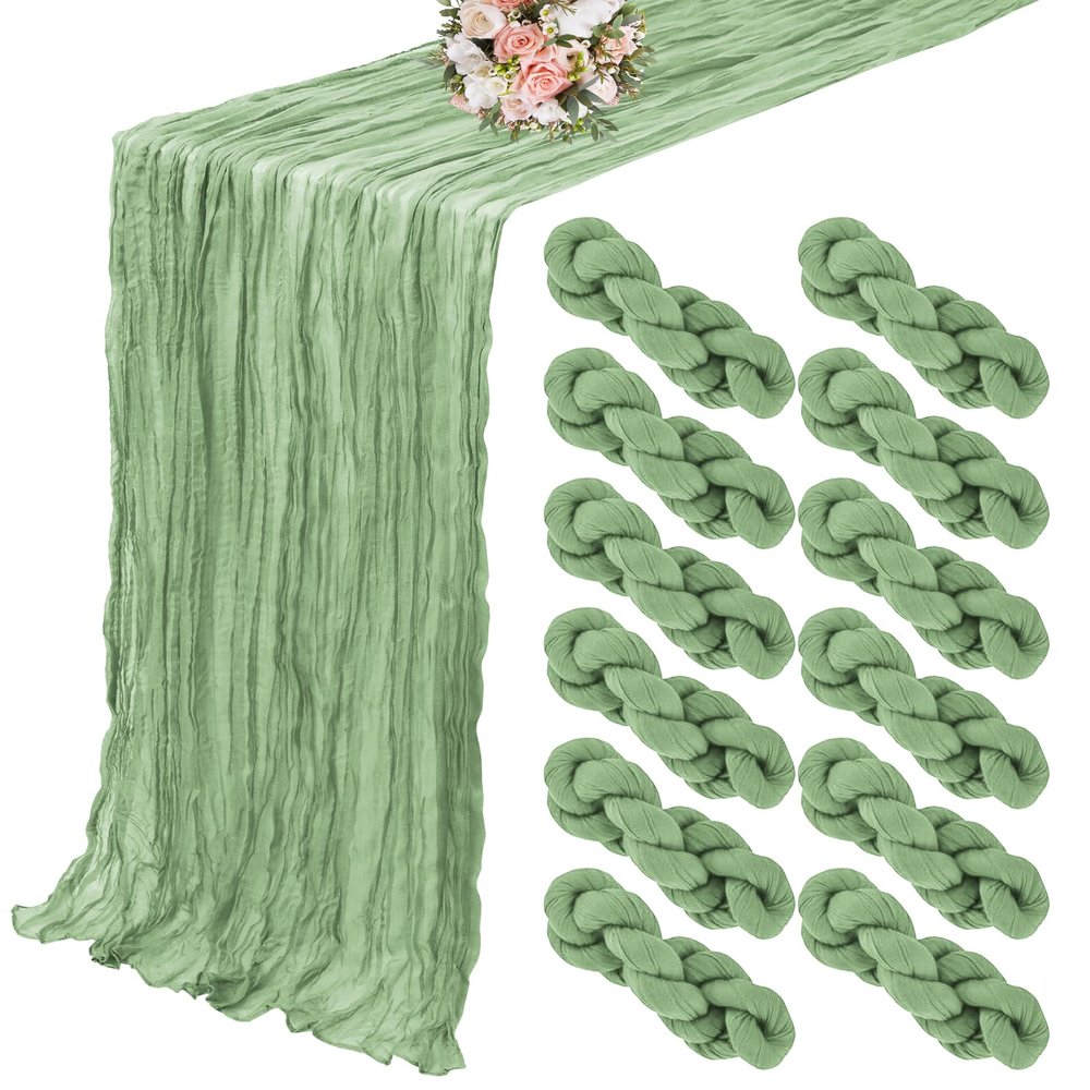 12 Pack Cheesecloth Table Runner 20 x 120 inch Cheese Cloth Table Runner Bulk,Romantic Boho Sheer Gauze Fabric Table Runners for Wedding Reception,Party,Bridal Shower Table Decor(Sage Green)