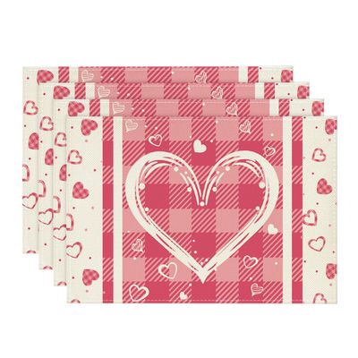 Artoid Mode Pink Buffalo Plaid Love Hearts Valentine Placemats Set of 4, 12x18 Inch Anniversary Table Mats for Party Kitchen Dining Decoration