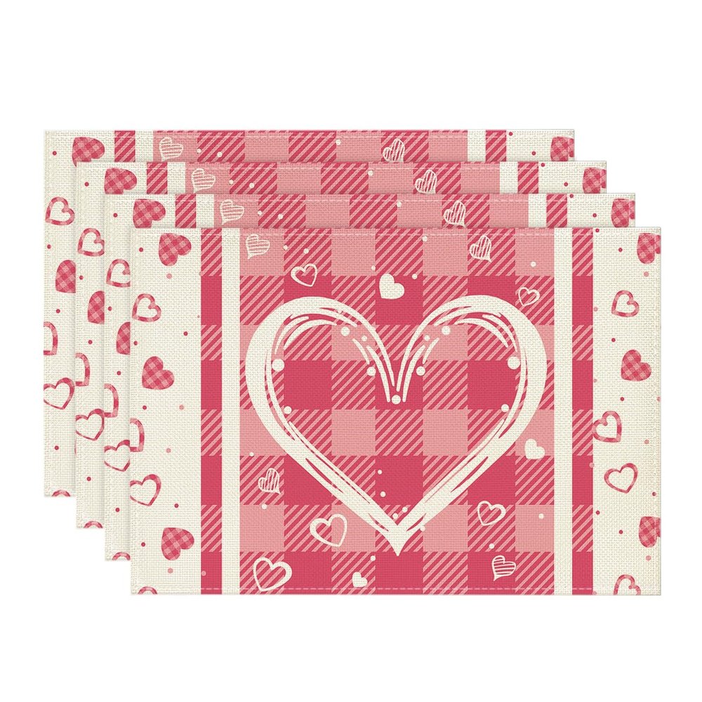 Artoid Mode Pink Buffalo Plaid Love Hearts Valentine Placemats Set of 4, 12x18 Inch Anniversary Table Mats for Party Kitchen Dining Decoration