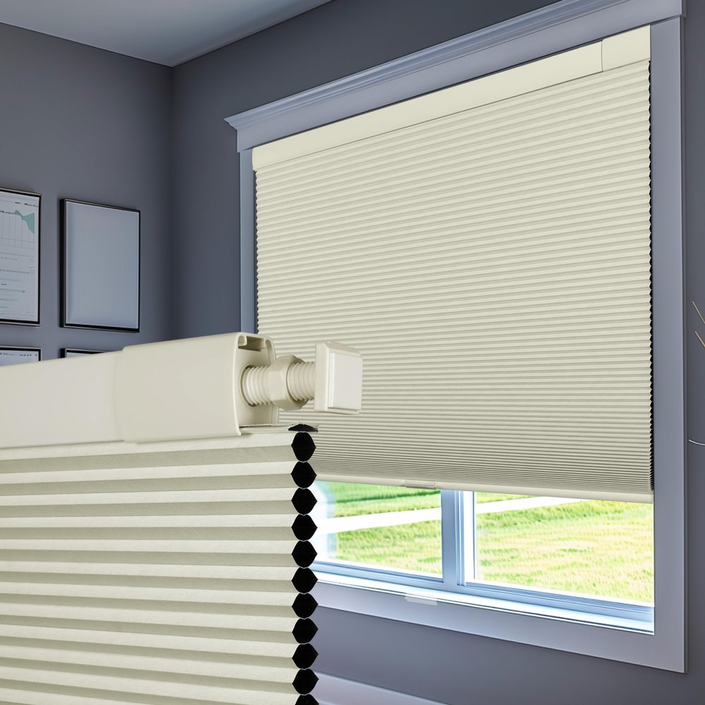 Boolegon No Drill Blinds for Windows Blackout Cellular Shades Cordless No Tools Honeycomb Blinds Pull Down Easy Install for Home and Office, Beige, 60" W x 64" H