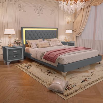Harper & Bright Designs 3 Pieces Bedroom Sets Queen Size Upholstered Bed with LED Lights and Two Nightstands, Modern Wooden Bedroom Furniture Sets - Velvet Gray