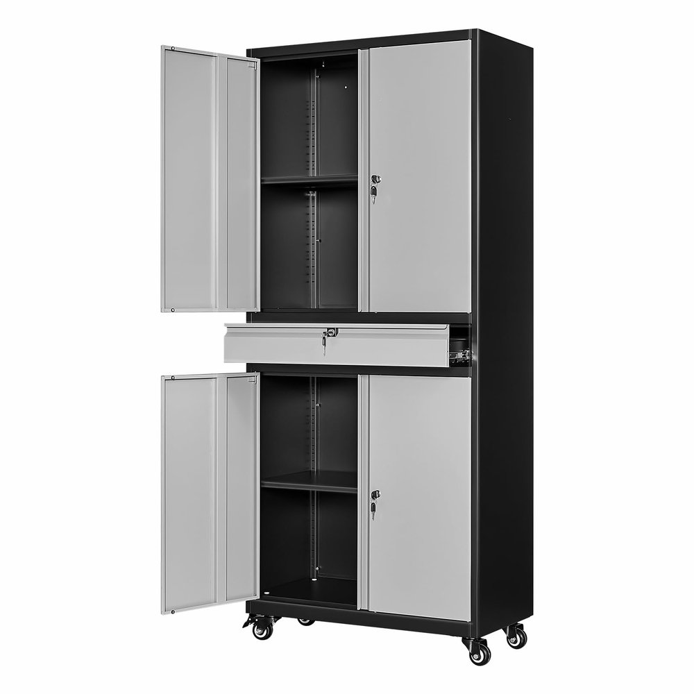 AFAIF Metal Storage Cabinet with Wheels, 73" Tall Garage Rolling Storage Cabinets with Doors and Shelves, Lockable Tool Caninet Steel Locking Cabnets for Home Office, Garage, Pantry