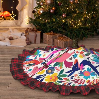 36" Christmas Tree Skirt with Plaid lace Christmas Tree Decorations Mexican Otomi Animals Waterproof Xmas Tree Mat for Holiday Rustic Farmhouse Decorations