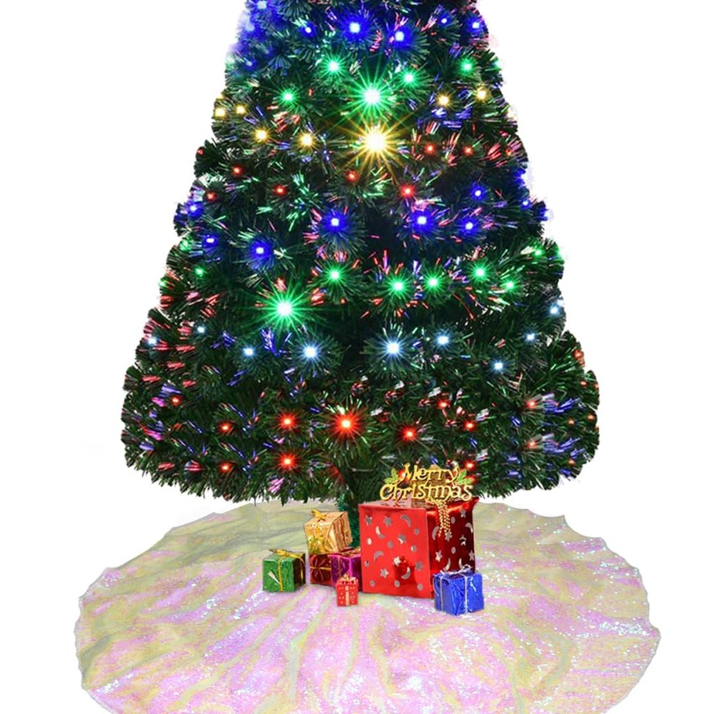 DUOBAO Iridescent White Tree Skirt 48 inch Sequin Sparkly Xmas Skirts 4FT for Halloween Christmas Holiday Home Trees Decoration