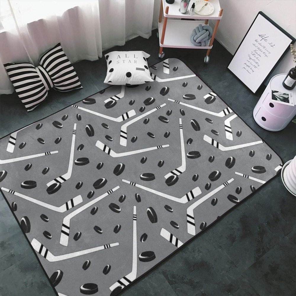 Runner Rugs 2x4ft, Grey Hockey Kids Crawling Carpet, Sports Athletics Enthusiasts Large Bedroom Floor Mats, Non-Slip Large Area Easy to Clean for Kids Boys Girls Living Room Game Room