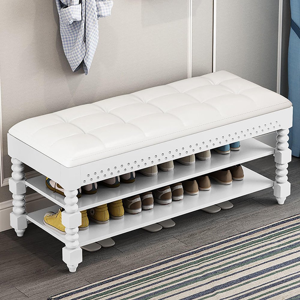Solitar Entryway Shoe Bench with Pu Leather Seat,Luxury Upholstered Shoe Rack Bench Shoe Organizer,Hallway Storage Bench End of Bed Bench for Bedroom(110x30x48cm(43x12x19in), White)