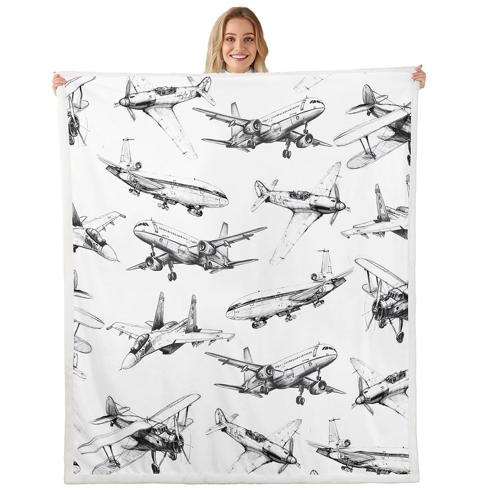 Airplane Kids Throw Blanket,American Aircraft Vintage Toddler Bed Blanket for Girls Boys Adults,Air Vehicles Air Plane Fleece Blanket,Black White Fuzzy Blanket,40 x 50 Inches