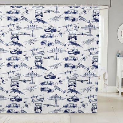 Manfei Airplane Kids Shower Curtains,American Aircraft Tank Toddler Bathroom Curtains for Girls Boys Adults,Racing Car Hand-Painted Sketch Blue White Waterproof Curtains,12 Hooks Suits,72" W x 72" L