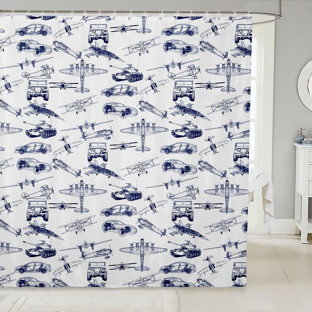 Manfei Airplane Kids Shower Curtains,American Aircraft Tank Toddler Bathroom Curtains for Girls Boys Adults,Racing Car Hand-Painted Sketch Blue White Waterproof Curtains,12 Hooks Suits,72" W x 72" L
