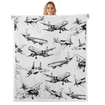Airplane Kids Throw Blanket - Vintage American Aircraft Fleece Blanket for Girls, Boys & Adults - Black & White - 50 x 60 Inches