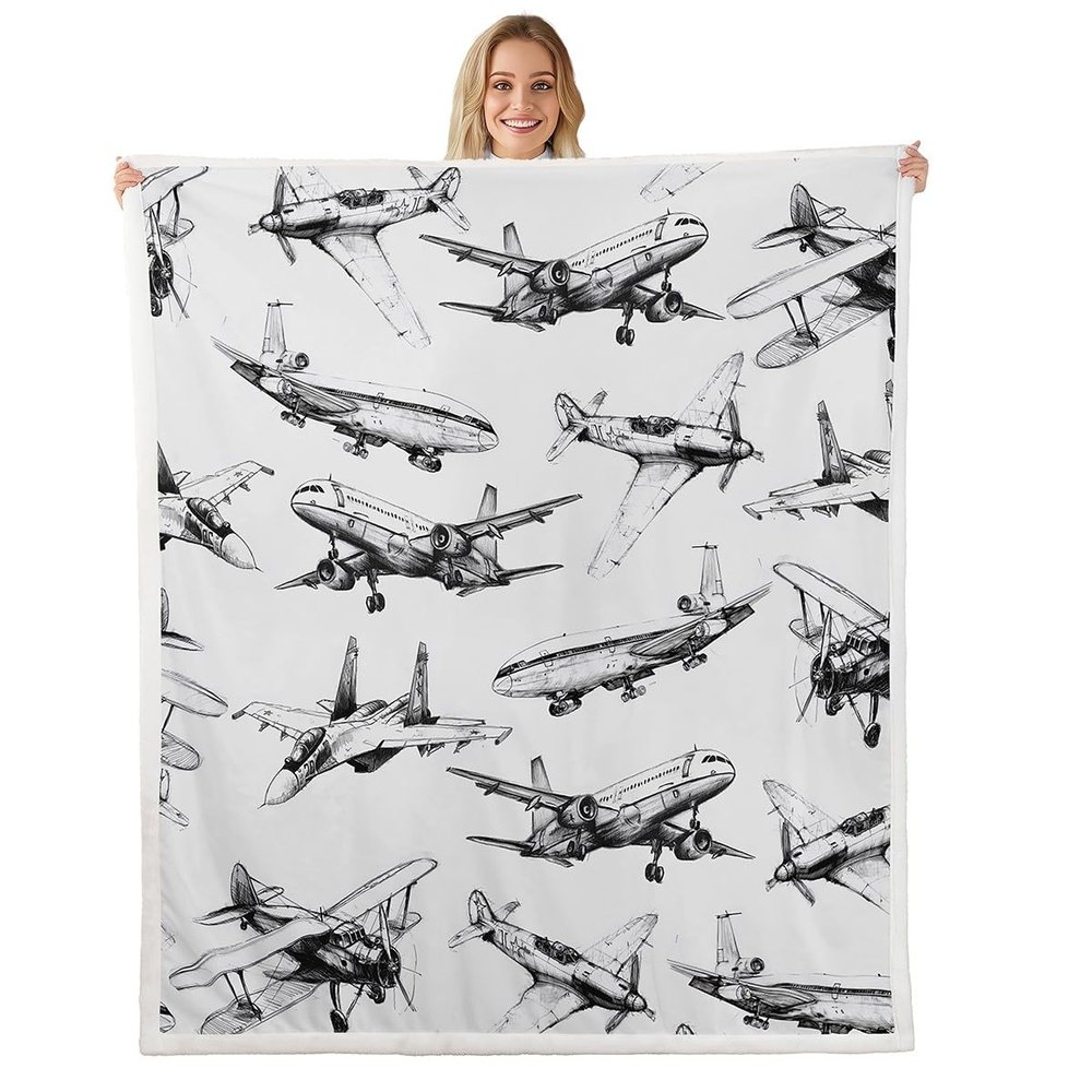 Airplane Kids Throw Blanket - Vintage American Aircraft Fleece Blanket for Girls, Boys & Adults - Black & White - 50 x 60 Inches