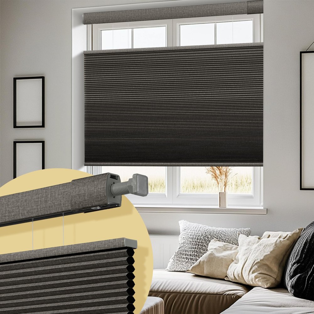 HOTSOON No Drill No Tools Cellular Shades Linen Texture Wrapped Top Down Bottom Up Cordless Honeycomb Blinds Blackout Shades for Bedroom Living Room Windows Blinds, Gray, 61" W x 40" H