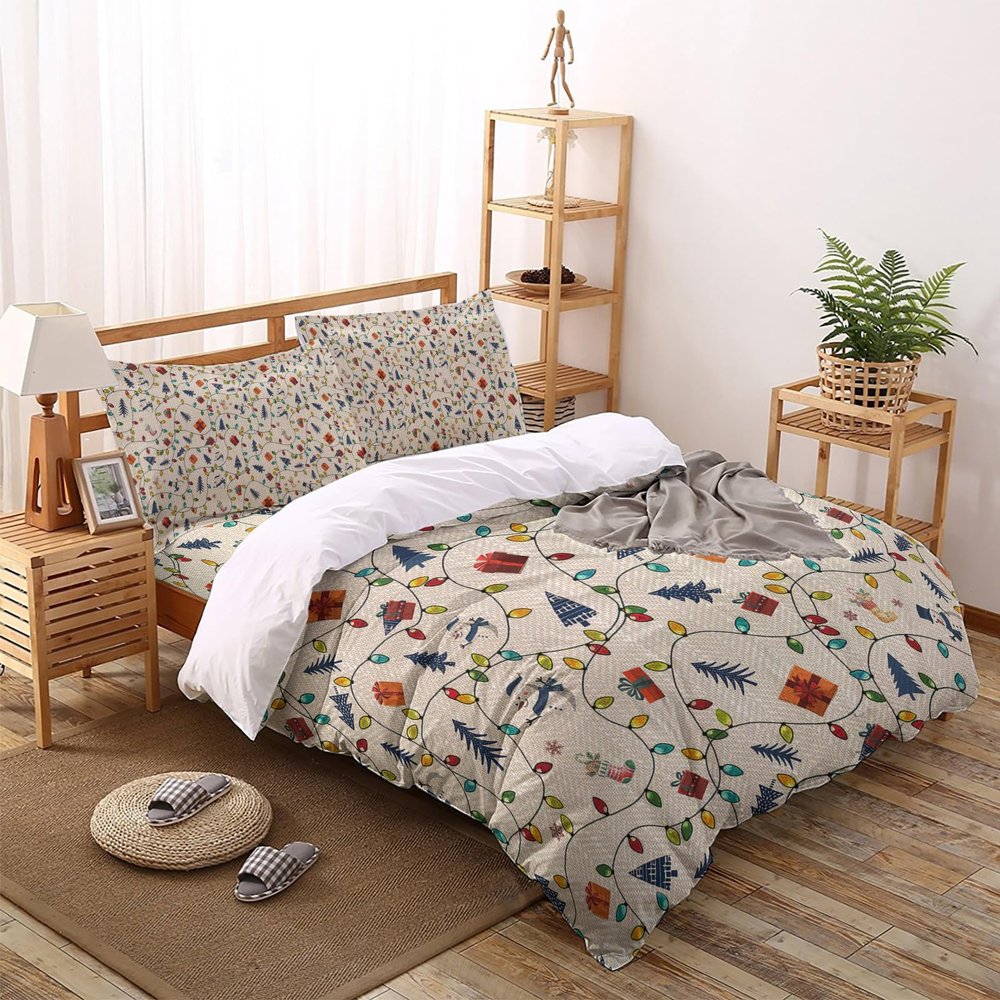 Christmas Tree Illumination Snowman Seamless Twin Duvet Cover Sets 4 Piece Ultra Soft Bed Quilt Cover Set for Kids/Teens/Women/Men,Vintage Linen Bedding Collection All Season Use