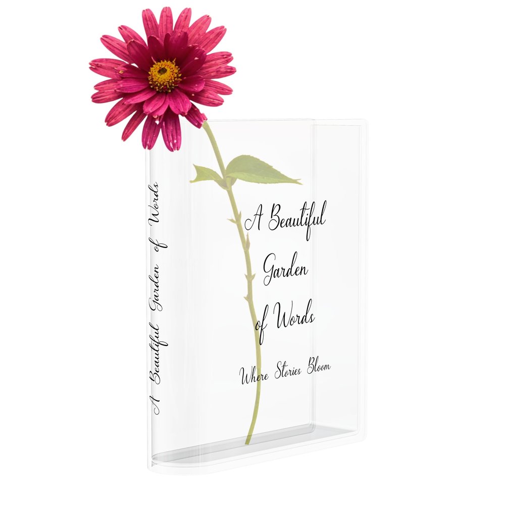 Skywin Acrylic Book Vase, Unique Book Vase for Flowers, Home Decor, Centerpieces, and Housewarming Gifts (Clear with Black Print)