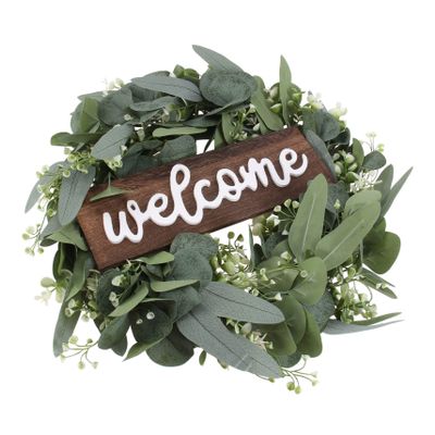 IMIKEYA 1pc Welcome Wreath for Door Spring Eucalyptus Garland Decoration for Home Indoor Outdoor Festive Ornament Bunny Ears and Faux Flowers for Seasonal Celebrations