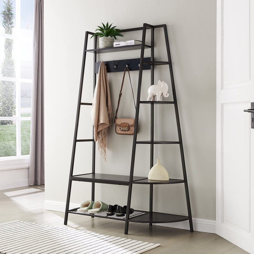 KB Designs - Pewter Hall Tree with Storage Bench Entryway with Coat Rack, 5 Side Shelves, Hooks and Shoe Bench
