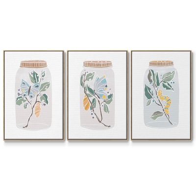 Renditions Gallery Abstract 3 Piece Wall Art Home Paintings & Prints Butterfly Cacoon in a Nature Jar Canvas Natural Floater Frame Artwork for Bedroom Office Kitchen - 24"x36"x3panels LT548