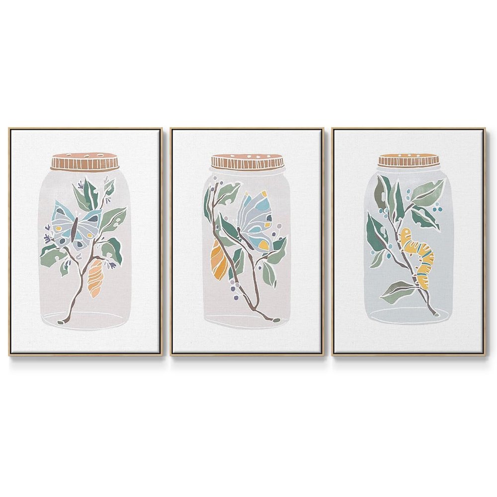 Renditions Gallery Abstract 3 Piece Wall Art Home Paintings & Prints Butterfly Cacoon in a Nature Jar Canvas Natural Floater Frame Artwork for Bedroom Office Kitchen - 24"x36"x3panels LT548