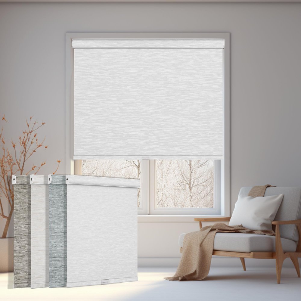 Boolegon Blackout Roller Window Shades Cordless Striped Jacquard Luxury Style Roller Blinds with Cassette Valance Thermal Insulated Roll Up Blinds for Windows, Door, White, 13" W x 88" H