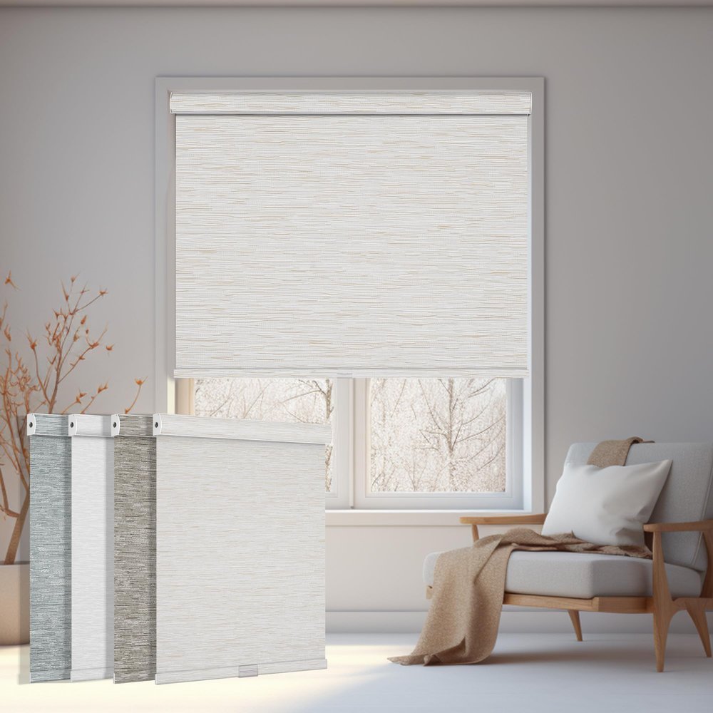 Boolegon Blackout Roller Window Shades Cordless Striped Jacquard Luxury Style Roller Blinds with Cassette Valance Thermal Insulated Roll Up Blinds for Windows, Door, Beige, 75" W x 36" H
