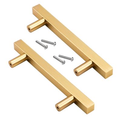 Kitchen Cabinet T Bar Handle2 Pack Cabinet Pulls Solid Aluminum Alloy Cabinet Knobs T Bar Cupboard Drawer Door Handles Square Kitchen Door Levers Brushed Gold for Closet,Wardrobe,Furniture Hardware (H