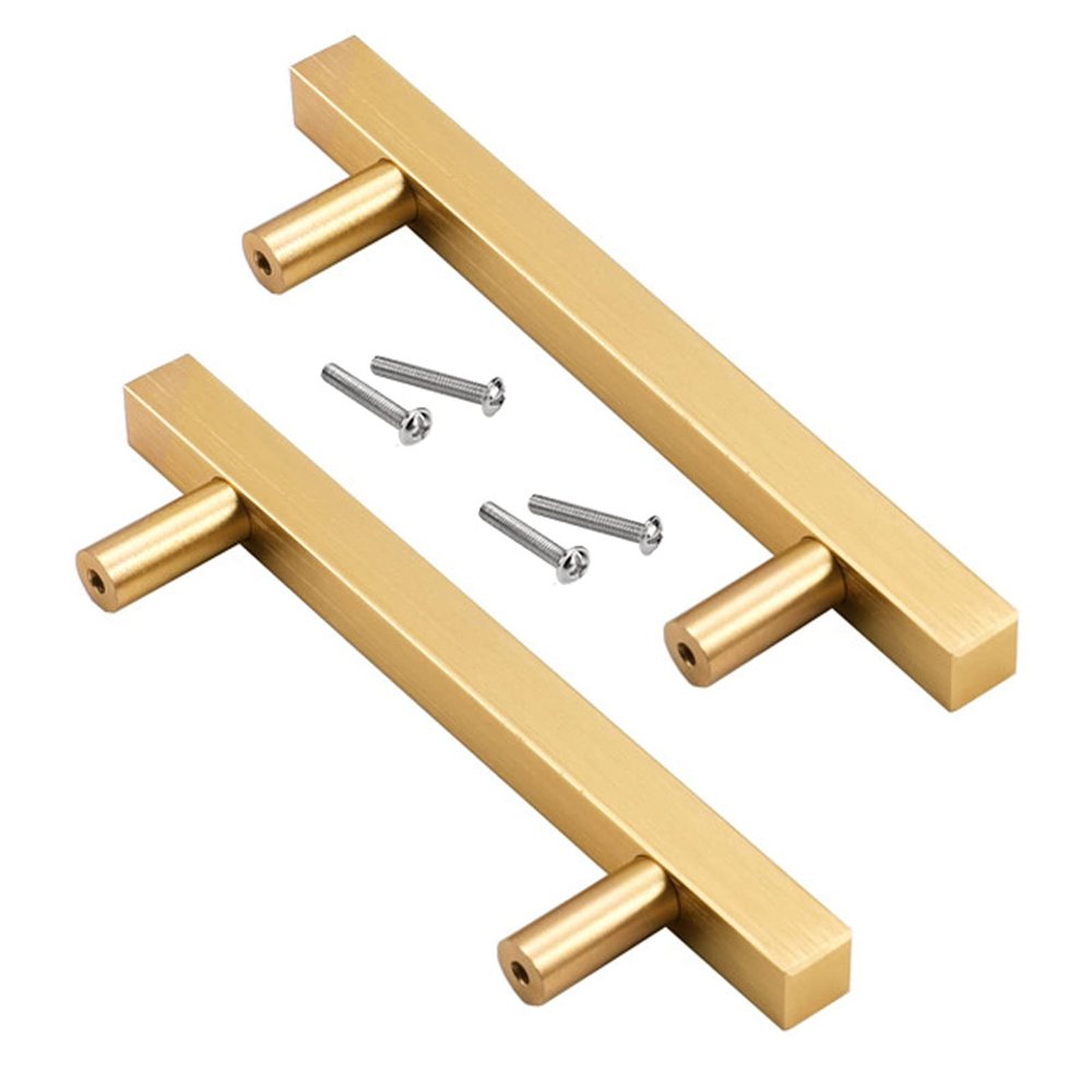 Kitchen Cabinet T Bar Handle2 Pack Cabinet Pulls Solid Aluminum Alloy Cabinet Knobs T Bar Cupboard Drawer Door Handles Square Kitchen Door Levers Brushed Gold for Closet,Wardrobe,Furniture Hardware (H