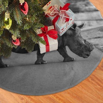 48" Christmas Tree Skirt White Plush Wildlife Black Rhinoceros Christmas Tree Mat Tree Skirt Ornaments for Holiday Plush Tree Skirt Xmas Tree Skirt Base Cover for Christmas New Year Decorations