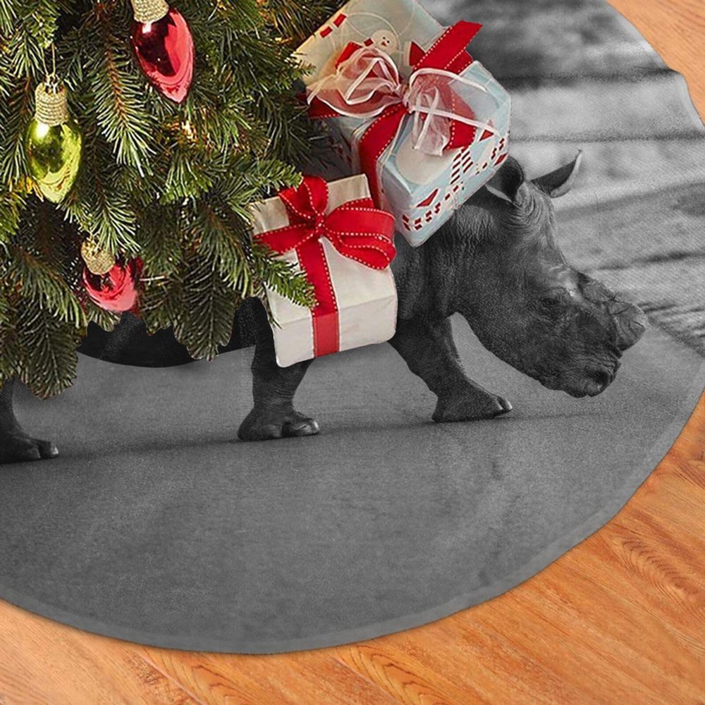 48" Christmas Tree Skirt White Plush Wildlife Black Rhinoceros Christmas Tree Mat Tree Skirt Ornaments for Holiday Plush Tree Skirt Xmas Tree Skirt Base Cover for Christmas New Year Decorations