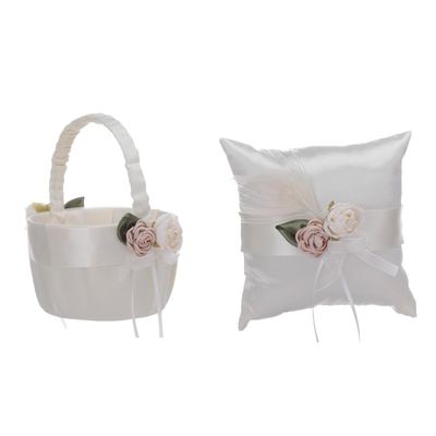 Lusiyu Wedding Ring Pillows, Flower Girl Basket Set, White Satin Flower Basket with Artificial Roses and Ring Pillow for Wedding