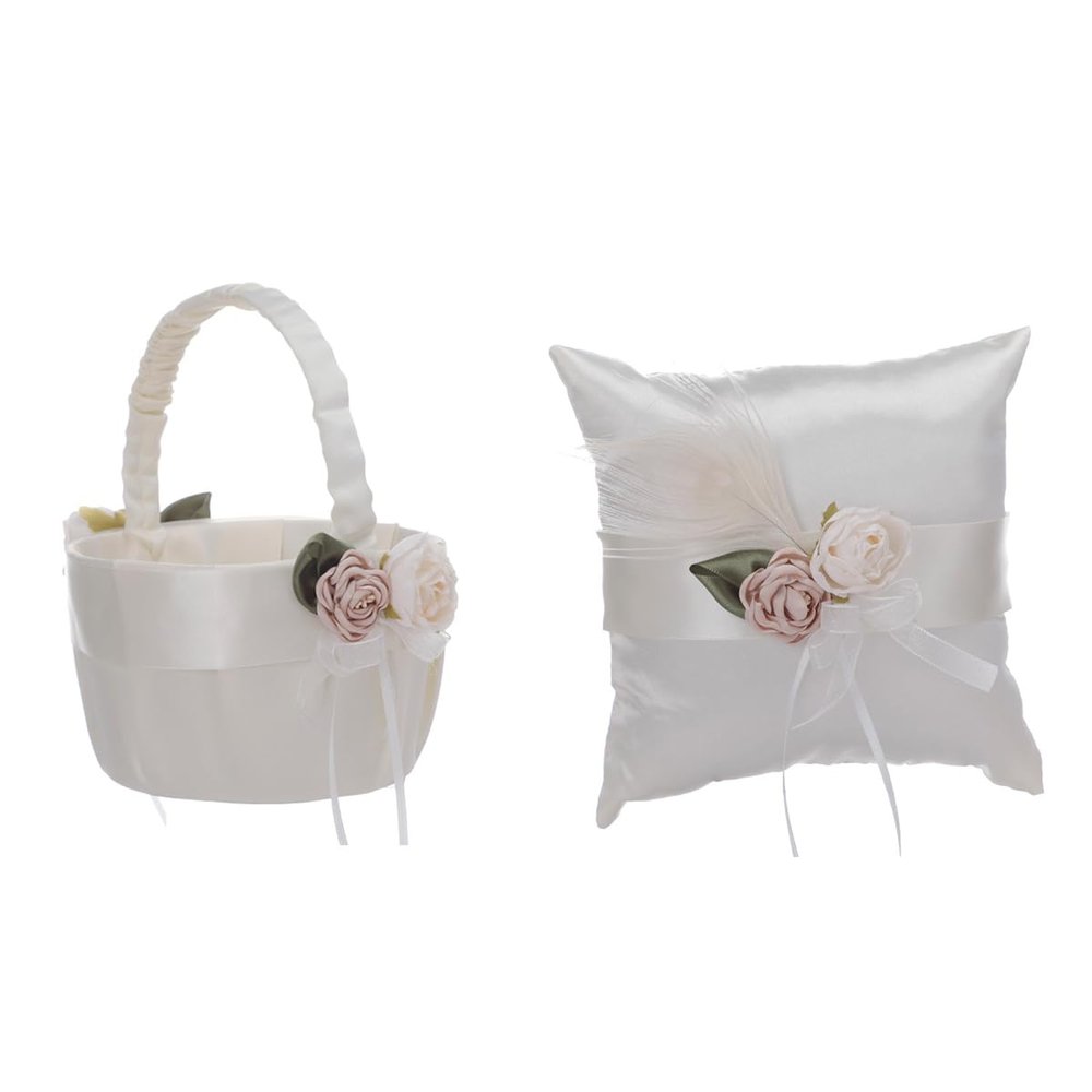 Lusiyu Wedding Ring Pillows, Flower Girl Basket Set, White Satin Flower Basket with Artificial Roses and Ring Pillow for Wedding