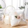 Lusiyu Wedding Ring Pillows, Flower Girl Basket Set, White Satin Flower Basket with Artificial Roses and Ring Pillow for Wedding view 2