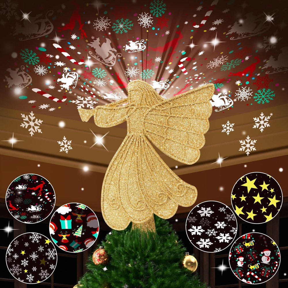 Christmas Tree Topper Lighted with 6 Projection Modes, Gold Christmas Angel Tree Topper Built-in LED Rotating Light, 3D Glitter Projector for Party Holiday Christmas Decoration Gifts