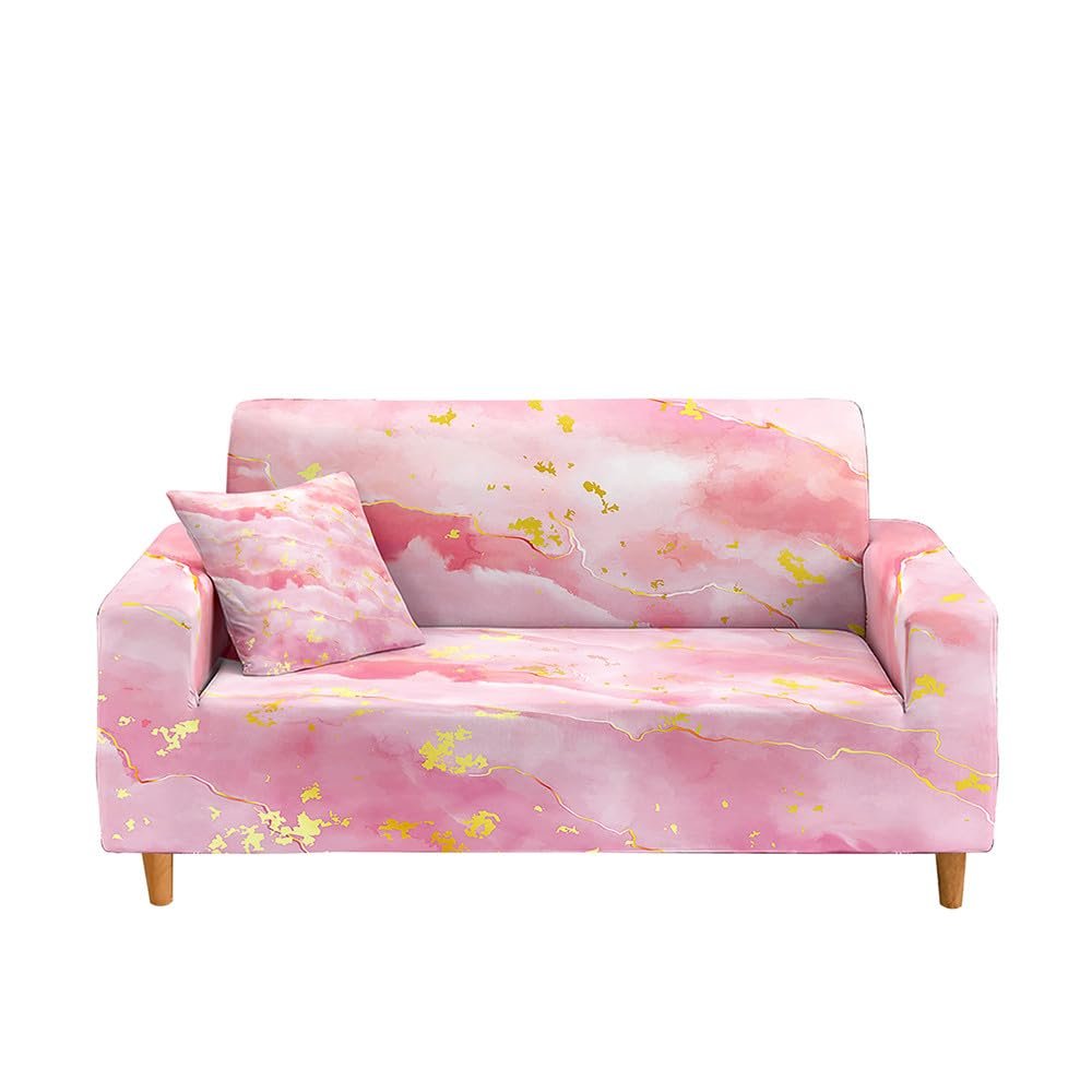 Hixingo Stretch Sofa Covers Marble Couch Cover Spandex Sofa Slipcovers, Washable Armchair Cover Non-Slip Couch Covers Loveseat Covers Printed Sofa Cover (Small (35"-55"),Pink)